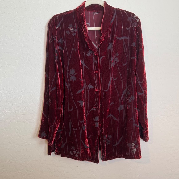 Jackets & Blazers - Unbranded Womens Velvet Burnout Jacket L Burgundy Red Good Floral Devore Goth